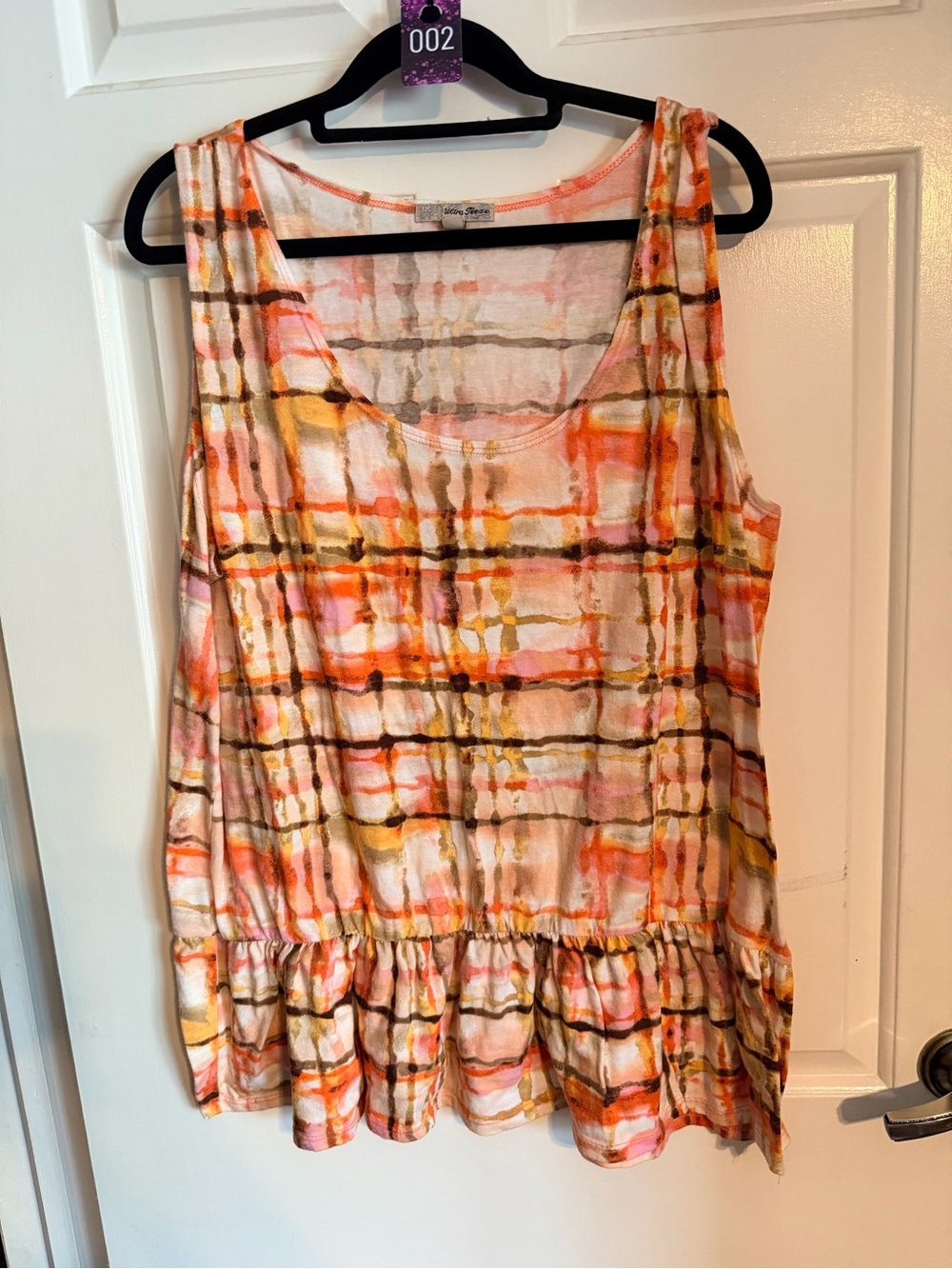 Sleeveless Plaid Watercolor Ruffle Tank - White Pink Orange